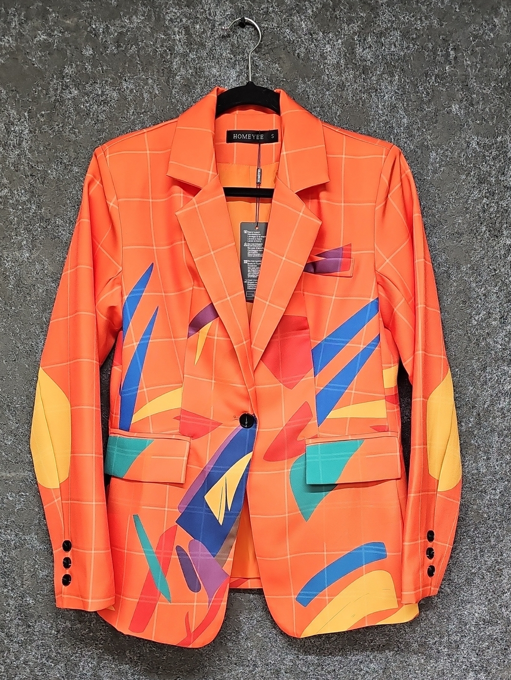 HOMEYEE Abstract Art Printed Grid Blazer,  Orange Multicolor, Size Small, NEW